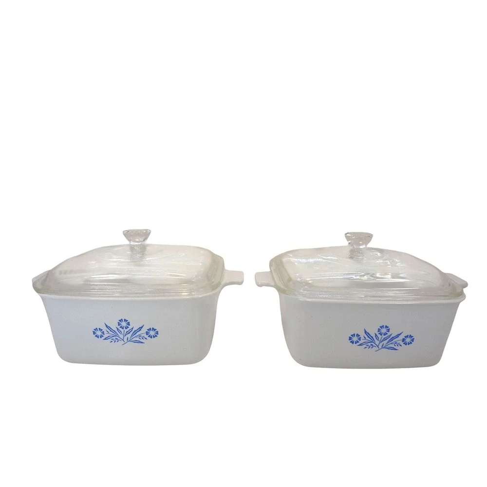 Corning Ware Casserole Dish Set of Two 1.5 QT White Blue Cornflower P-4-B Floral